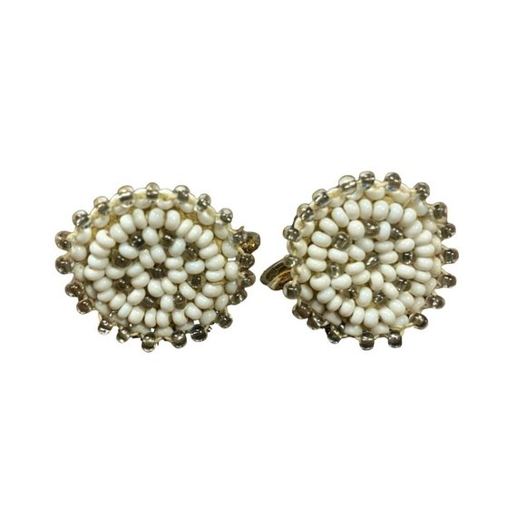 Vintage White and Gray Glass Beaded Screw Back Earrings, Mandala, Handmade - Picture 1 of 2